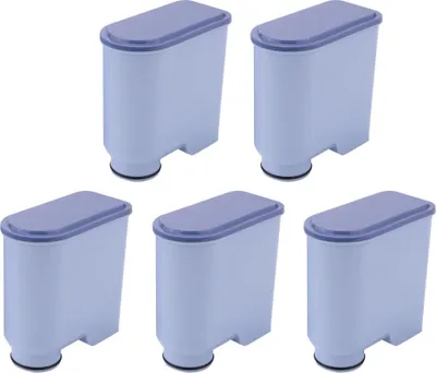 Five water filter cartridges are arranged in a staggered pattern on a white background.