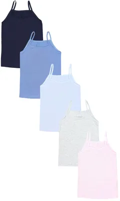 Produktbild von TupTam Mädchen Unterhemd Spaghettiträger Top 5er Pack, Farbe: Dunkelblau Blau Hellblau Grau Rosa, Größe: 110-116