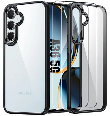 Image de Coque + 2 Verres Trempés pour Samsung Galaxy A36 5G, Protection Antichoc Silicone Noir avec Dos Transparent en PC