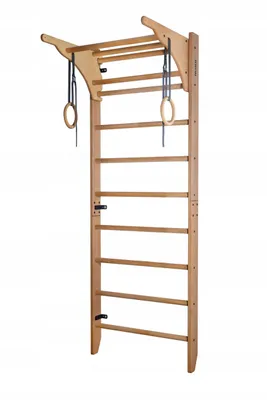 A wooden indoor climbing frame with gymnastic rings attached.