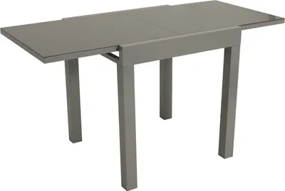 A gray table with a glass top is shown against a white background.