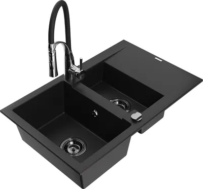 Produktbild von Mexen Gaspar 1,5-Becken-Granitspüle mit Abtropffläche und Mischbatterie Aster, Schwarz - 6507-77-73450-07-B