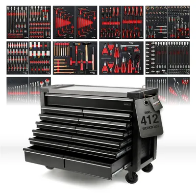 Produktbild von Mephisto Werkzeugwagen PRO Line "DOUBLE FULL BLACK" mit 13 Schubladen inklusive Werkzeug