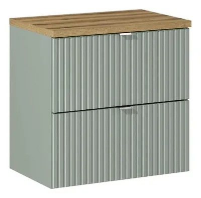 Produktbild von Waschbeckenunterschrank - Mit Arbeitsplatte (60 cm) & Unterschrank (60 cm, 2 Schubladen), Line Reed Green L BM94 - Schilfgrün/ Evoke Eiche