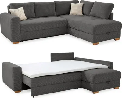 Produktbild von Ecksofa-Dauerschläfer Boxspring Federkerncouch Topper Stauraum Cord Dunkelgrau / 15211
