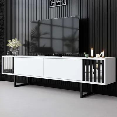Produktbild von Skye Decor, Chrome Line - White, Black, TV-Ständer, Weiß, 100 % MELAMINBESCHICHTETE SPANPLATTEN, 180 x 48 x 30 cm