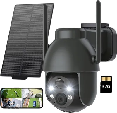 Produktbild von 2K Überwachungskamera Aussen Akku 360°PTZ WLAN Kamera mit Farbnachtsicht solar Kamera Überwachung außen PIR Bewegungsmelder 2-Wege-Audio mit 32G Karte
