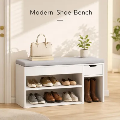 Produktbild von CRELIV -Schuhbank mit Sitzkissen, Schuhregal mit Schublade, offenen Fächern und Stiefelfach, gepolsterte Sitzbank für Flur, Weiß/Grau, KI-generiertes Bild