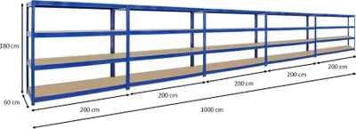 Produktbild von Mega Deal | 5x Schwerlastregal DINO | HxBxT 180x200x60cm | 4 MDF-Platten-Ebenen 6,5 mm | Fachlast 600kg | Blau