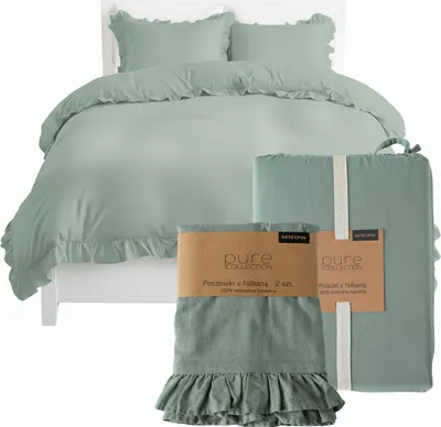 A mint green duvet cover and pillowcases with ruffles are displayed on a bed, with packaged sets in the foreground.