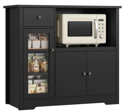 Immagine prodotto di Credenza da cucina - Mobile con piano di lavoro e ripiano per microonde - 1 cassetto e 3 ante - Ripiani regolabili - 90 cm - Nero