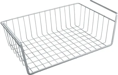 A silver wire basket organizer is shown against a white background.