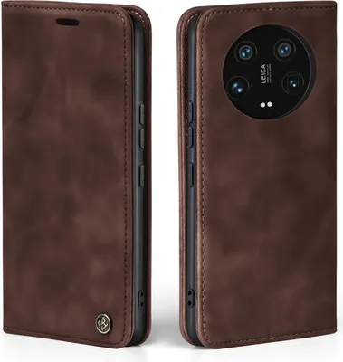 Two views of a brown leather flip case for a smartphone, showing the front and back with the camera module.