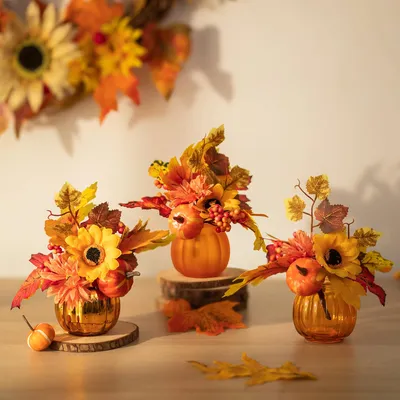 3er-Set Glaspumpenvasen mit Kunstblumen für Herbstdeko