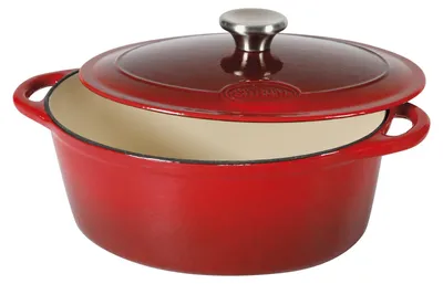 Gusseiserne Auflaufform oval rot/creme 33x25x13,5 cm mit Deckel