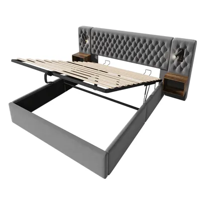 Produktbild von Flieks Hydraulisches Polsterbett 160x200cm mit USB und Nachttisch, Doppelbett Boxspringbett mit Leselampe, Stauraumbett Holzbett Samt, Grau