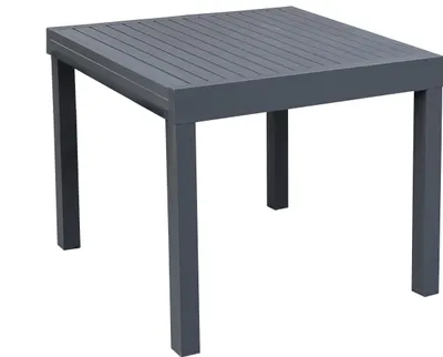 A square table with a slatted top and four legs, shown from a slightly elevated angle against a white background.