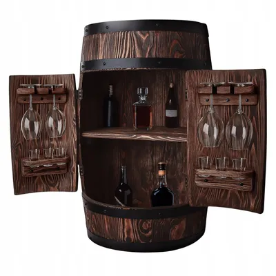 Produktbild von Holzbar Fass 80x55 cm – Massiver Holz Barschrank für Alkohol, Wein & Whisky mit Glashaltern | Handgefertigt in EU | Premium Bar Möbel Loft & Rustikal