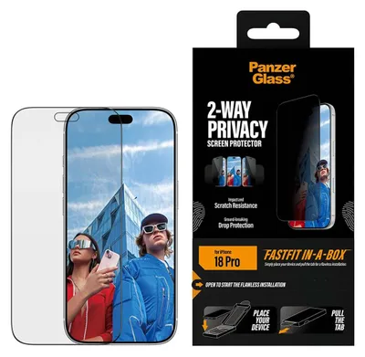 Obrázok produktu pre PanzerGlass ® 2-Way Privacy Screen Protector iPhone 18 Pro | Ultra-Wide Fit w. FASTFIT IN-A-BOX, Apple - iPhone 18 Pro, Suché aplikovanie, Odolné proti poškriabaniu, Odolný proti nárazom, Priehľadná, 1 kusov