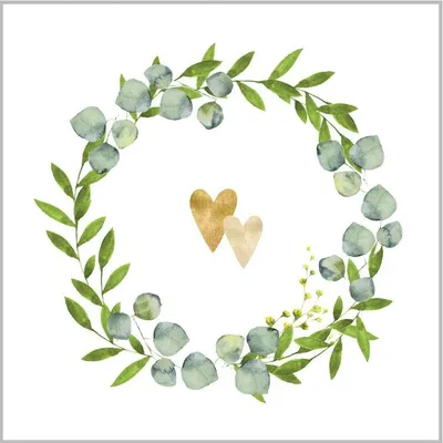 Produktbild von 20 kleine Cocktailservietten Two Hearts - Goldene Herzen im Kranz 25x25cm