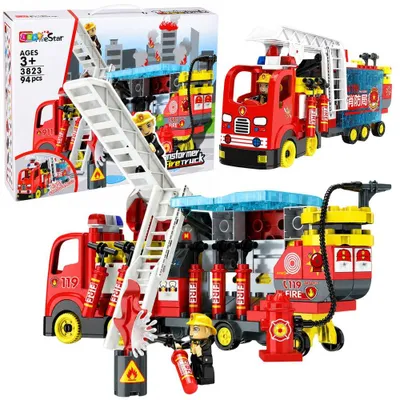 Produktbild von Faltbares Feuerwehrauto-Bauset mit Feuerwehrfiguren, Lichtern und Geräuschen, 94 Teile.