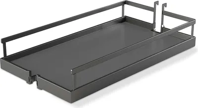 A gray metal pull-out shelf or drawer insert with raised edges and hanging hooks.