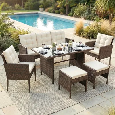 Produktbild von Poly Rattan Sitzgruppe Esstisch Lounge Gartenmöbel Sitzgarnitur Garten-Garnitur Set 1x Tisch + 2x Stühle + 1x Sitzbank + 2x Hocker - braun