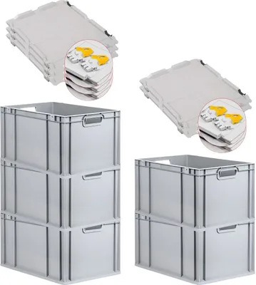 Produktbild von SuperSparSet 5x Eurobox NextGen Economy mit Scharnierdeckel und gelben Schiebeschnappverschlüssen | Griffe offen | HxBxT 32x40x60cm | 65 Liter | Eurobehälter, Transportbox, Transportbehälter, Stapelbehälter