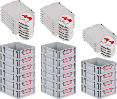 Produktbild von SuperSparSet 16x Eurobox NextGen Color mit Scharnierdeckel und Schiebeschnappverschlüssen | HxBxT 12x30x40cm | 11 Liter | Grau | Griffe rot geschlossen | Glatter Boden | Eurobehälter, Transportbox, Transportbehälter, Stapelbehälter