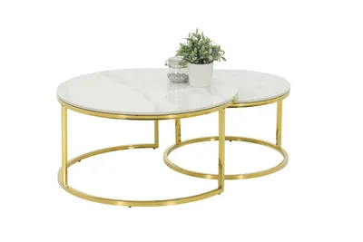 Produktbild von 2er Set Couchtisch/Beistelltisch Joel - Rund - Sintered Stone Marmoroptik Hochglanz Weiß - -Metallgestell Gold - Maße Ø80+60cm