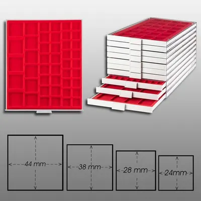 Produktbild von Prophila Collection Münzbox grau 45 eckige Fächer gemischt 4 Verschiedene Größen, rote Einlage