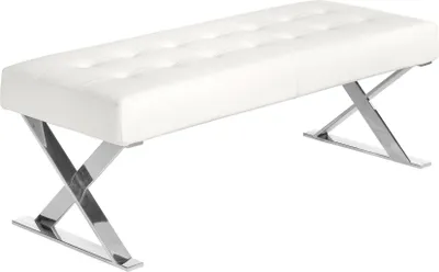 A white tufted bench with chrome X-shaped legs, shown from a side-diagonal angle against a white background.