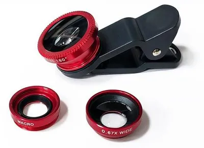 Productafbeelding van Universele 3-in-1 objectiefflensset - Fish-eye + macro, voor iPad, iPhone, rode uitvoering