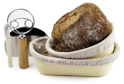 Produktbild von Gärkörbchen, 2 runde Gärkörbe (20 cm & 22 cm) oder 2 ovale Gärkörbe (21 cm & 27 cm), Gärkorb-Set zum Brotbacken, inkl. Brotlame, Teigschaber, Schüsselschaber, Leinentuch (oval)