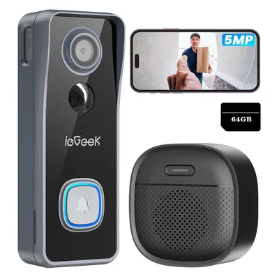 Produktbild von ieGeek 5MP WLAN Türklingel mit Kamera Kabellos, Akku Video Türklingel, AI/Radar/PIR Erkennung, 2,4GHz WLAN, Nachtsicht, 2-Wege-Audio, mit Gong, 64GB