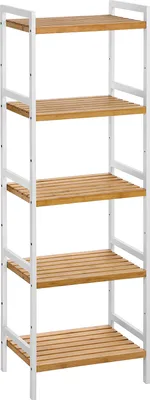 A tall, narrow shelving unit with five wooden slatted shelves and white metal frame, shown against a white background.