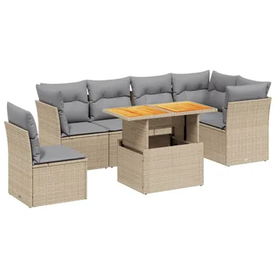 Produktbild von Modulares Garten-Sofaset, 7-teilig, mit verstellbarem Tisch, Beige Poly Rattan, UV-beständig, abnehmbare Kissen Hellgrau
