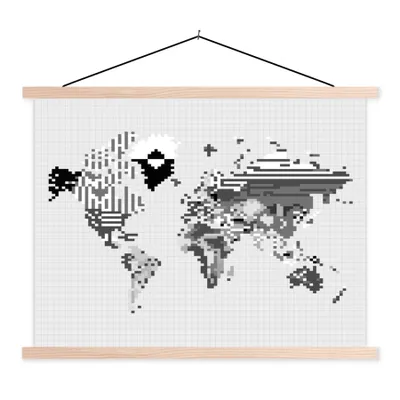 Produktbild von MuchoWow® Textilposter Weltkarte - Pixel - Schwarz und weiß 120x90 cm mit holzfarbenen Rahmen - Magnetisch