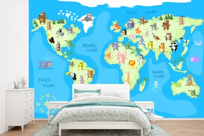 Produktbild von MuchoWow® Fototapete für Wohnzimmer oder Schlafzimmer Wandtapete Vinyl Motivtapete Weltkarte - Kind - Tiere - Blau - Jungen - Mädchen - 525x350 cm - Kindertapete - Das Hintergrundbild