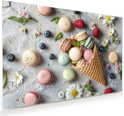 Produktbild von Glasbild 120x80cm in XXL für Wohnzimmer, Schlafzimmer Motiv Macarons im Sommer