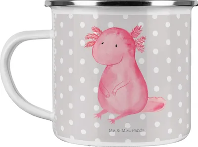 Produktbild von Mr. & Mrs. Panda Emaille Tasse Axolotl Niedlich - Grau Pastell - Geschenk, Teetasse, Lebensweisheit, Fröhlich, Blechtasse, Weisheit, Emailletasse, Kaffeepott, Liebe, Pott
