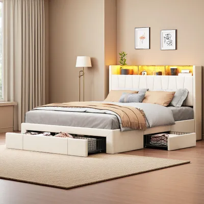 Produktbild von ProximaX Polsterbett 160x200 cm, Doppelbett mit Stauraum kopfteil, Funktionsbett mit LED und USB-Ladeanschluss, Hydraulisch Stauraumbett mit Schubladen, Jugendbett mit Lattenrost, Bettrahmen, Samt, Beige