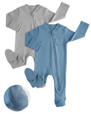 Produktbild von Baby-Pyjama-Set aus Baumwolle, 2-teilig, langärmlig, blau-grau, Größe 0-3 Monate