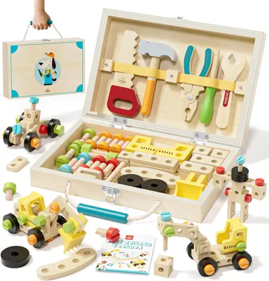 Image de Boîte à outils en bois pour enfants, jouet Montessori, kit de construction, pour jeux de rôle