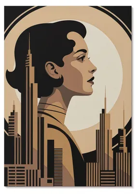 Produktbild von POSTER - 29x42 cm (A3) - Lena "Leni" Moreau - Silhouette einer Frau, umgeben von Wolkenkratzern -  Wandbild für Wohnzimmer Schlafzimmer & Flur, Modernes Poster Wanddeko, Ungerahmt