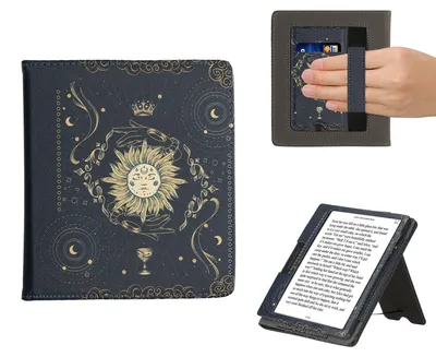 Produktbild von kwmobile Flip Cover kompatibel mit Onyx Boox Leaf 2 - Hülle mit Handschlaufe Tarot Karten Dunkelblau Gelb Schwarz