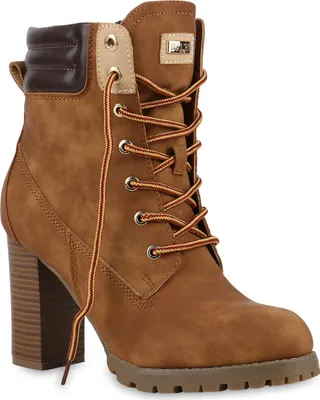 Produktbild von Mytrendshoe Damen Schnürstiefeletten Worker Boots Stiefeletten Block Absatz 812259, Farbe: Braun, Größe: 39
