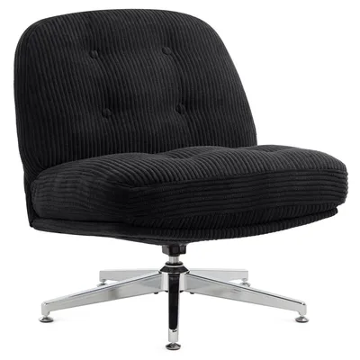 A black upholstered armchair with a swivel base on a white background.