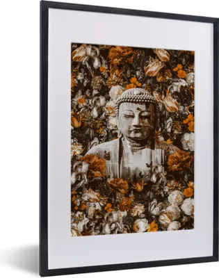 Produktbild von MuchoWow® MuchoWow® Gerahmtes Poster Buddha - Gesicht - Blumen 30x40 cm - Poster mit zchwarzem Bilderrahmen - Wandposter Schlafzimmer