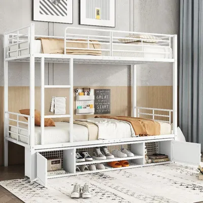 Produktbild von Metall Etagenbett 90x200 cm Weiß mit Leiter, Fallschutzgitter und Stauraum, Eisenbett für Kinder und Jugendliche